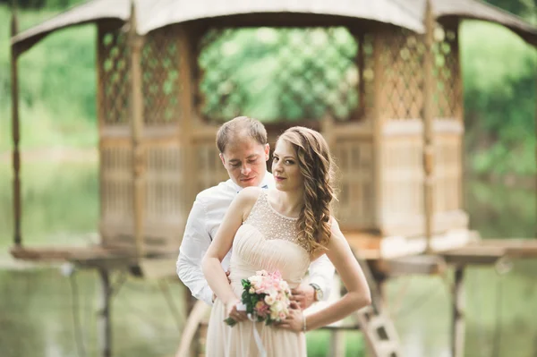 Kedves pár a szerelem csók minden other a nap esküvő, a park-tó közelében a szabadban állt — Stock Fotó