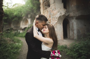 Güzel, romantik bir düğün. Yeni evliler. Eski kalenin yakınlarında sarılıyorlar.