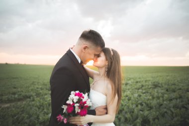 Güzel düğün çift, aşk günbatımı üzerinde. Fielf çiçekli