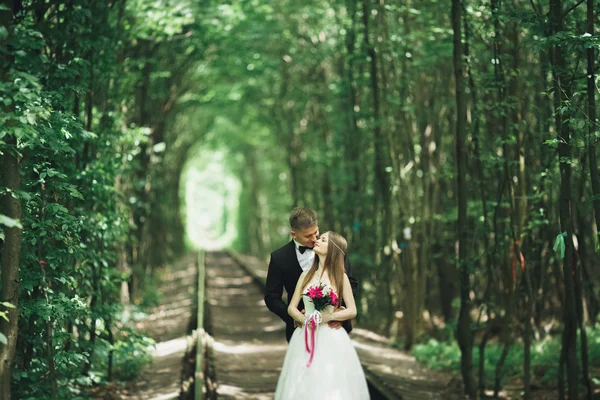 젊은 웨딩 커플, 신부와 신랑 철도 트랙에 포즈 — 스톡 사진