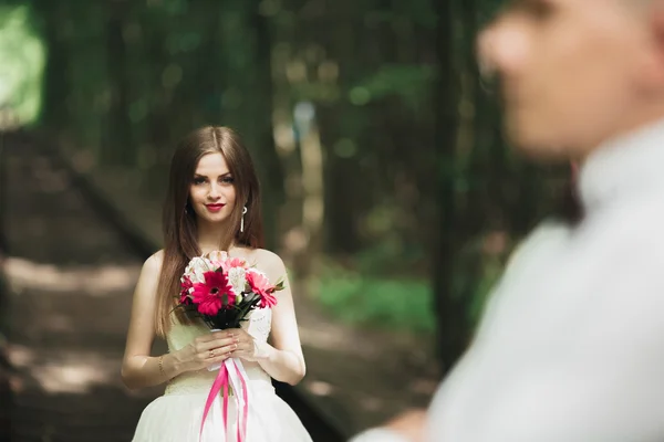 Belle mariée posant près des rochers avec vue — Photo