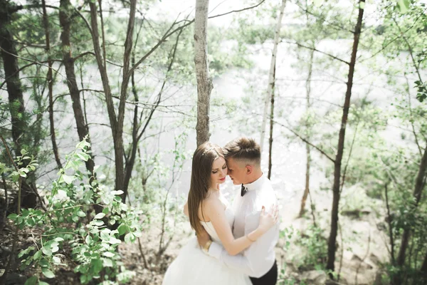 Casamento casal homem, noiva beijando e abraçando em um fundo do rio, montanhas. Retrato de beleza — Fotografia de Stock
