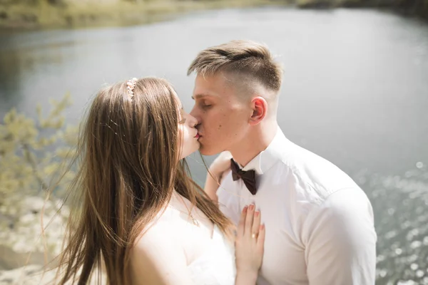 Casal de casamento beijando ficar sobre bela paisagem — Fotografia de Stock