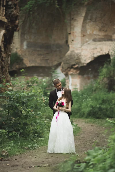 Úžasný šťastný jemný stylový krásný romantický kavkazský pár na pozadí starobylé barokní zámek — Stock fotografie