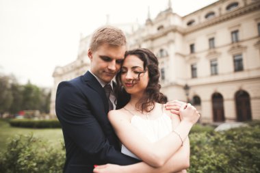 Güzel düğün çift, Gelin, damat öpüşme ve tiyatro arka planı sarılma