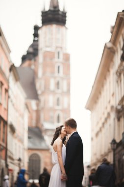 Muhteşem düğün çift, Gelin, damat öpüşme ve kalabalığın içinde ayakta sarılma