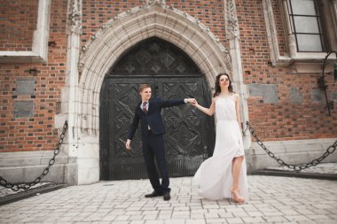 Muhteşem düğün çift, Gelin, damat yakınındaki eski kapısı bina poz