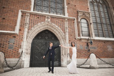 Muhteşem düğün çift, Gelin, damat yakınındaki eski kapısı bina poz