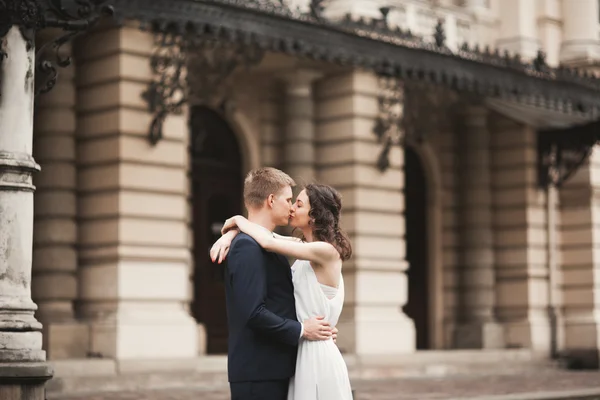 Beautiful wedding couple, bride, groom kissing and hugging against the background of theater — Stock Photo, Image
