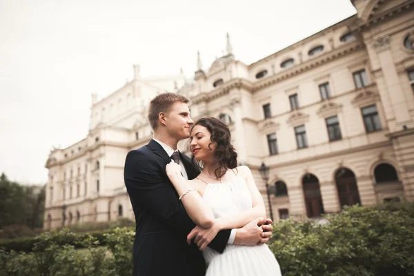 Hermosa pareja de boda, novia, novio besándose y abrazándose contra el fondo del teatro — Foto de Stock