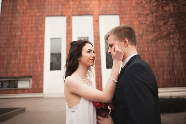 Casamento casal, noiva e noivo posando perto de edifício elegante — Fotografia de Stock