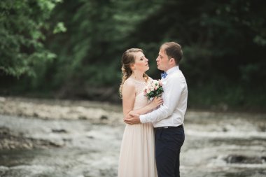 Güzel düğün çifti bir dağ nehrinin kıyısında taşlarla öpüşüp kucaklaşıyorlar.