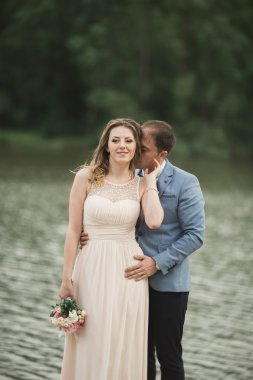 Zarif güzel düğün çifti bir göl kenarında günbatımında poz