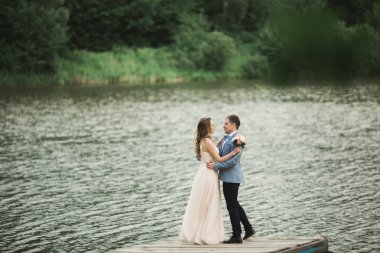 Zarif güzel düğün çifti bir göl kenarında günbatımında poz