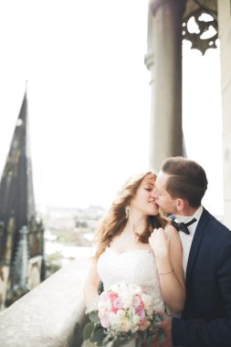 Muhteşem bir düğün çifti eski Lviv şehrinde yürüyor.