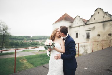 Mutlu düğün kaç sarılma ve birbirlerine arka plan eski kale üzerinde gülümseyen