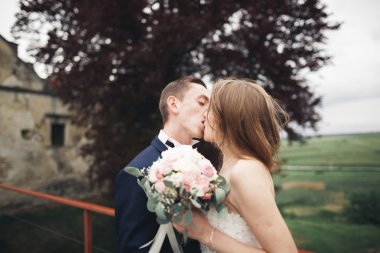 Mutlu düğün kaç sarılma ve birbirlerine arka plan eski kale üzerinde gülümseyen