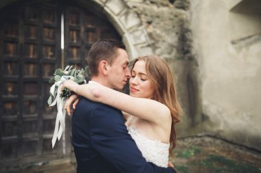 Güzel, romantik bir düğün. Yeni evliler. Eski kalenin yakınlarında sarılıyorlar.
