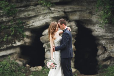 Mutlu düğün kaç sarılma ve birbirlerine arka plan güzel bitkiler kale üzerinde gülümseyen