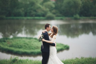 Öpüşme ve yakın göl Adası ile kucaklayan güzel düğün çifti