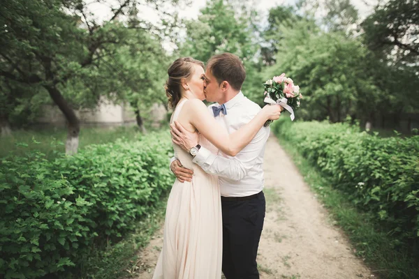 Розкішна подружня весільна пара, наречена і наречений позує в парку — стокове фото