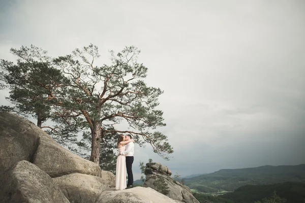 Casamento casal no amor beijando e abraçando perto de pedras na bela paisagem — Fotografia de Stock