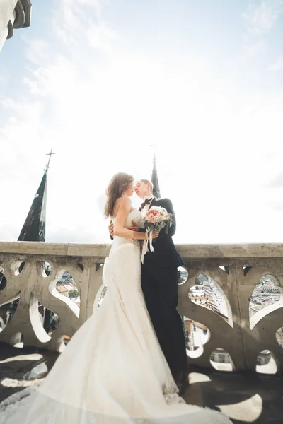 Elegante hermosa pareja de boda besándose y abrazándose en el fondo vista panorámica del casco antiguo —  Fotos de Stock