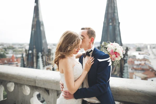 Stilvoll schönes Hochzeitspaar küsst und umarmt sich im Hintergrund Panoramablick auf die Altstadt — Stockfoto