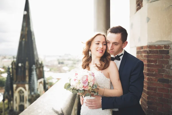 Pasangan pengantin yang cantik bergaya berciuman dan berpelukan di latar belakang panorama kota tua — Stok Foto