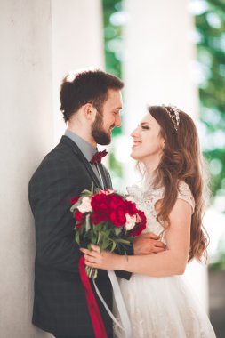 Güzel çift, gelin ve damat büyük beyaz sütun poz