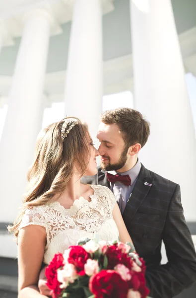 Beau couple, mariée et marié posant près de grande colonne blanche — Photo