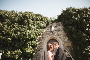 Sarılma ve öpüşme arka plan güzel bitkiler üzerinde lüks Düğün çifti mağara antik kale