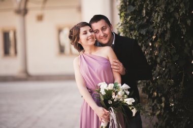 Mutlu düğün çift, damat, Gelin pembe elbise ile sarılma ve birbirlerine arka plan üzerinde gülümseyen duvarlar kalede