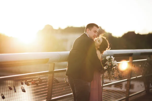 Snygg kärleksfull bröllopsparet, brudgummen, brud med rosa klänning kyssas och kramas på en bro vid solnedgången — Stockfoto