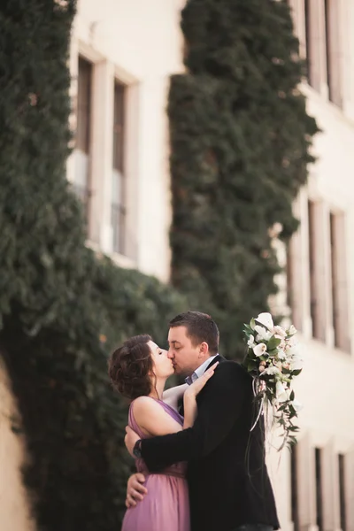 Feliz pareja de boda, novio, novia con vestido rosa abrazándose y sonriendo entre sí en las paredes de fondo en el castillo —  Fotos de Stock