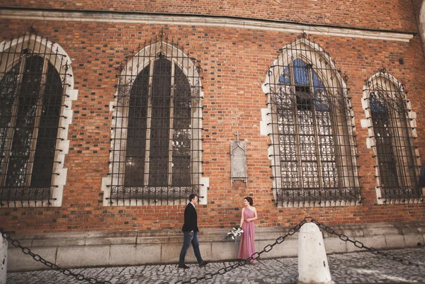 Elegante hermosa pareja de boda posando cerca de una iglesia. Cracovia — Foto de Stock