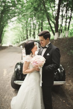 Şık düğün çift, Gelin, damat öpüşme ve retro arabanın yakınında sonbaharda sarılma