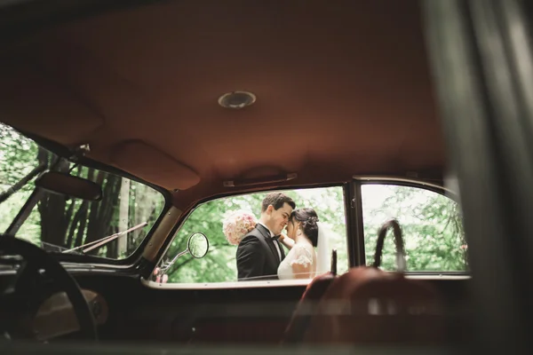 Elegant bröllop par, bruden, brudgummen kyssas och kramas nära retro bil under hösten — Stockfoto