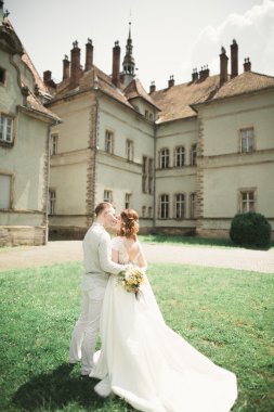 Mutlu düğün kaç sarılma ve birbirlerine arka plan eski kale üzerinde gülümseyen