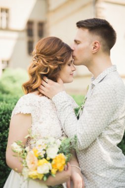 Muhteşem romantik zarif stil güzel beyaz gelin arka planda antik barok kalesinde