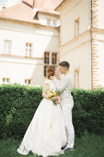 Wunderschöne romantische sanfte stilvolle kaukasische Braut auf dem Hintergrund des alten Barockschlosses — Stockfoto