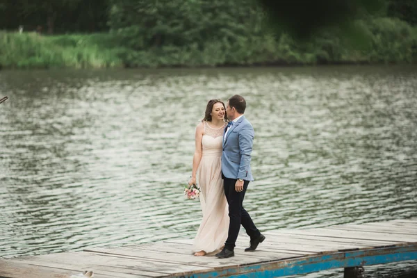 結婚式のカップル、花嫁、新郎ウォーキングや桟橋のポーズ — ストック写真