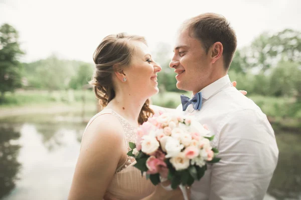 Feliz boda pareja abrazándose y sonriendo el uno al otro en el lago de fondo, bosque — Foto de Stock