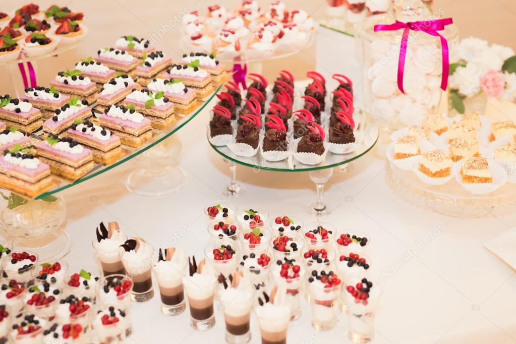 Delicious Wedding Reception Candy Bar Dessert Table Stock Photo