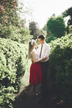 Şık güzel mutlu düğün çift öpüşme ve Botanik Bahçesi içinde kucaklayan