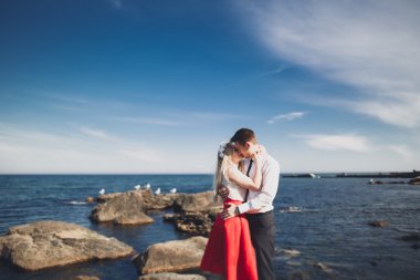 Deniz, mavi gökyüzü yakınındaki taş poz romantik sevgi dolu Çift