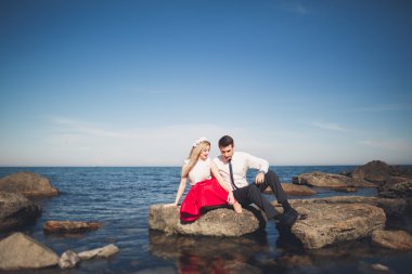 Sevimli gelin, manzara, dağlar ve denizin muhteşem Düğün çifti üzerinde zarif damat