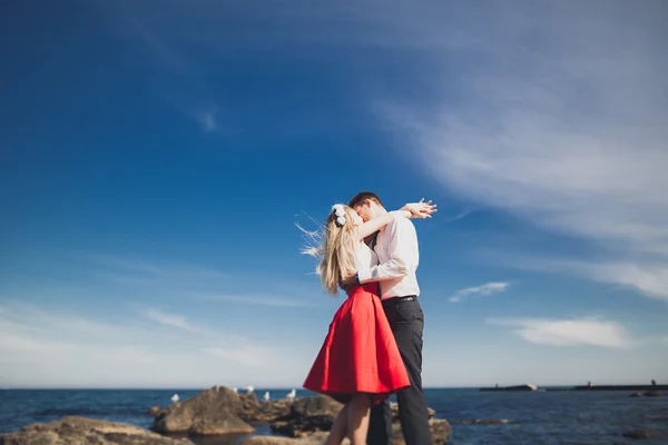 Charmante Braut, eleganter Bräutigam in der Landschaft der Berge und des Meeres wunderschönes Hochzeitspaar — Stockfoto