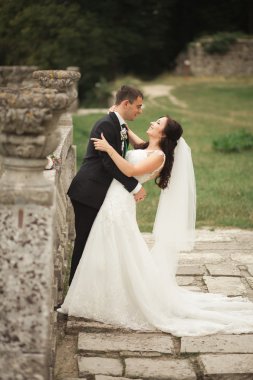 Güzel, romantik bir düğün. Yeni evliler. Eski kalenin yakınlarında sarılıyorlar.