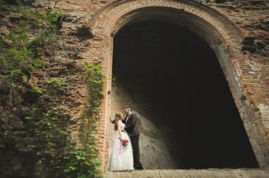 Şehvetli evli çift, eski Slav kalesinin önünde sevgililer günü kucaklaşması.